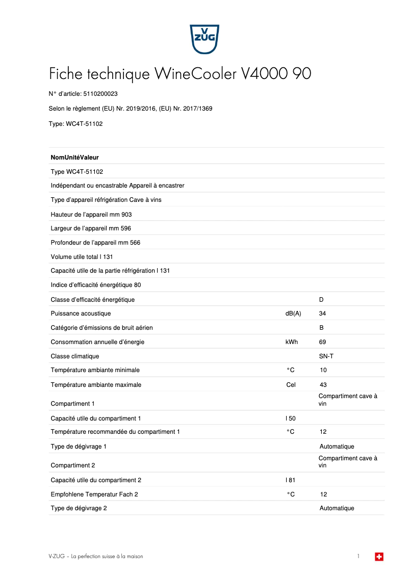 Page 1 de la notice Fiche technique V-Zug WineCooler V4000 90