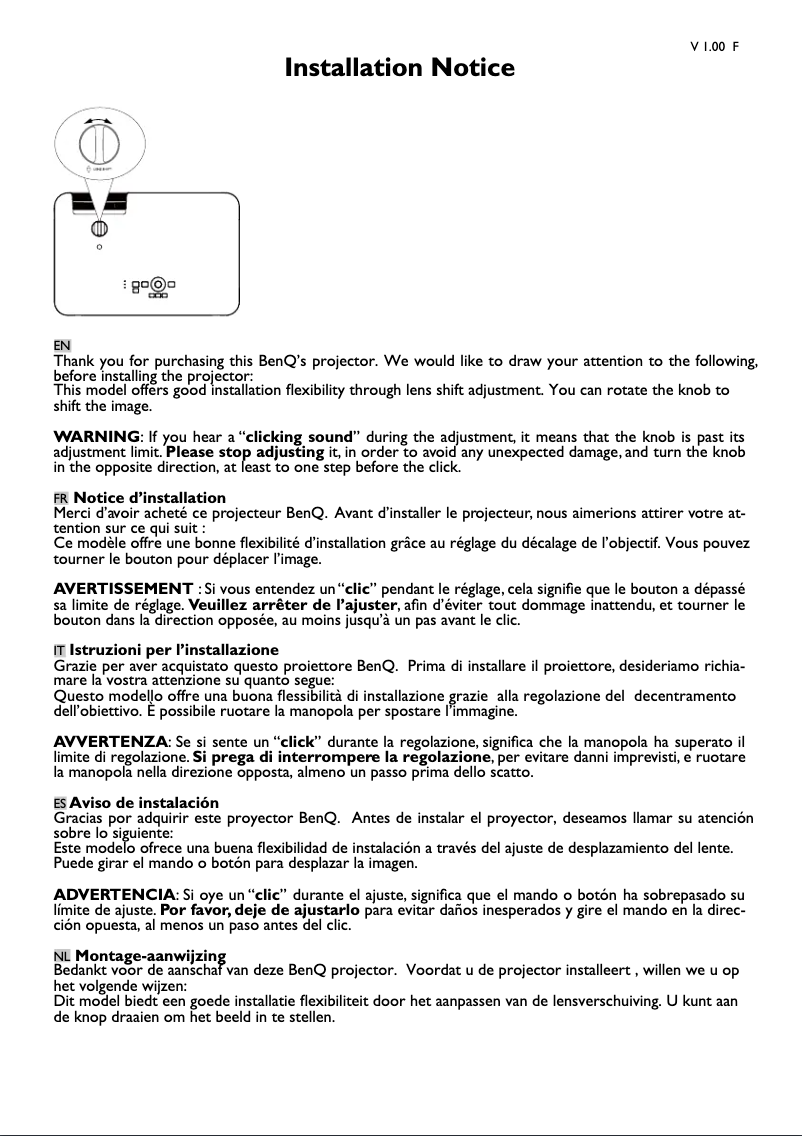 Page n°1 - Guide d'installation BenQ LH720