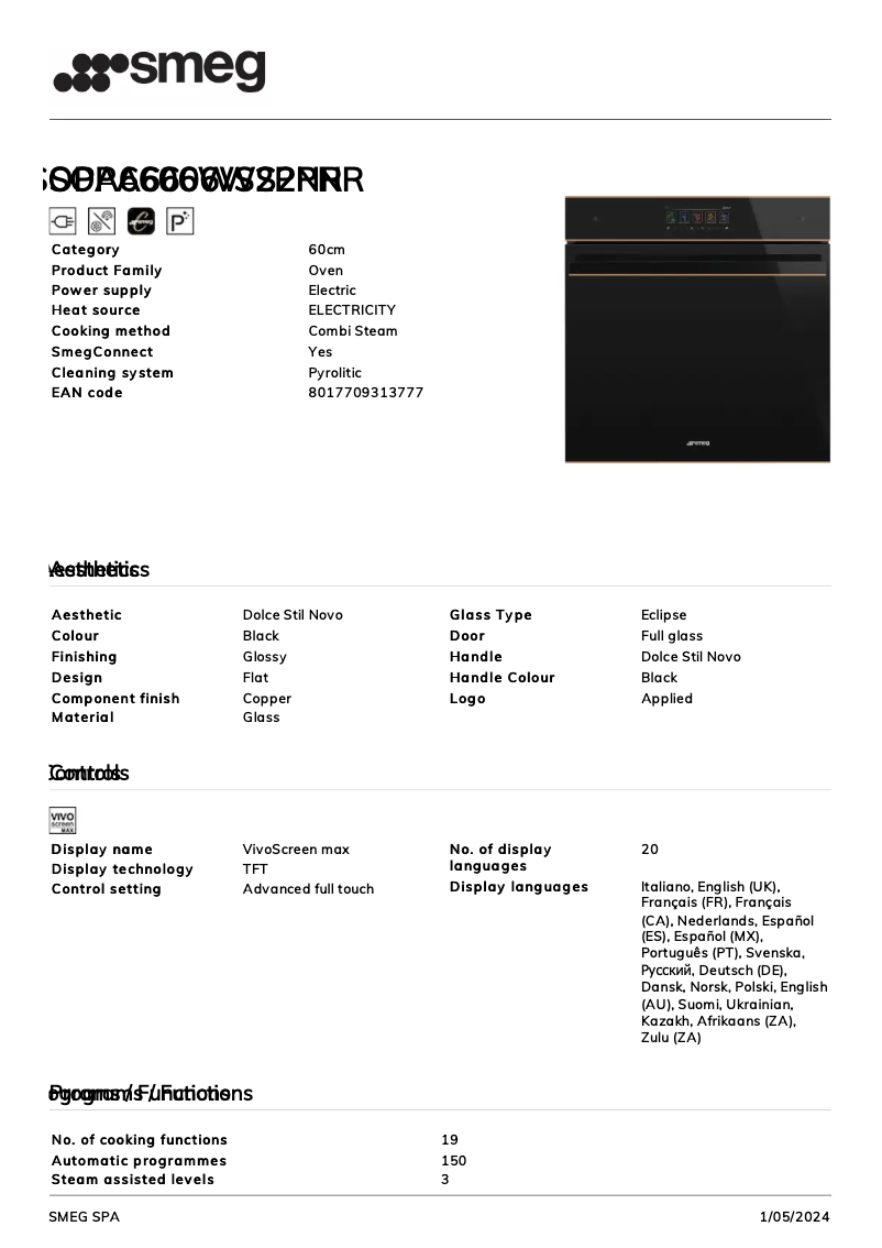 Página 1 del manual Ficha técnica Smeg SOPA6606WS2PNR