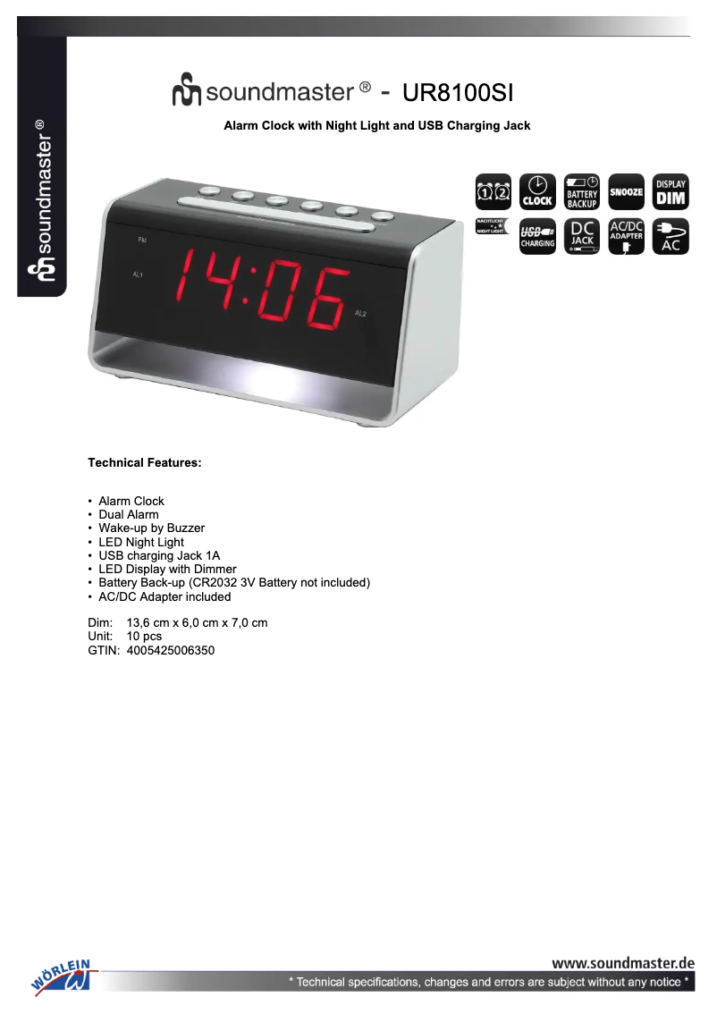 Page 1 de la notice Fiche technique Soundmaster UR8100SI