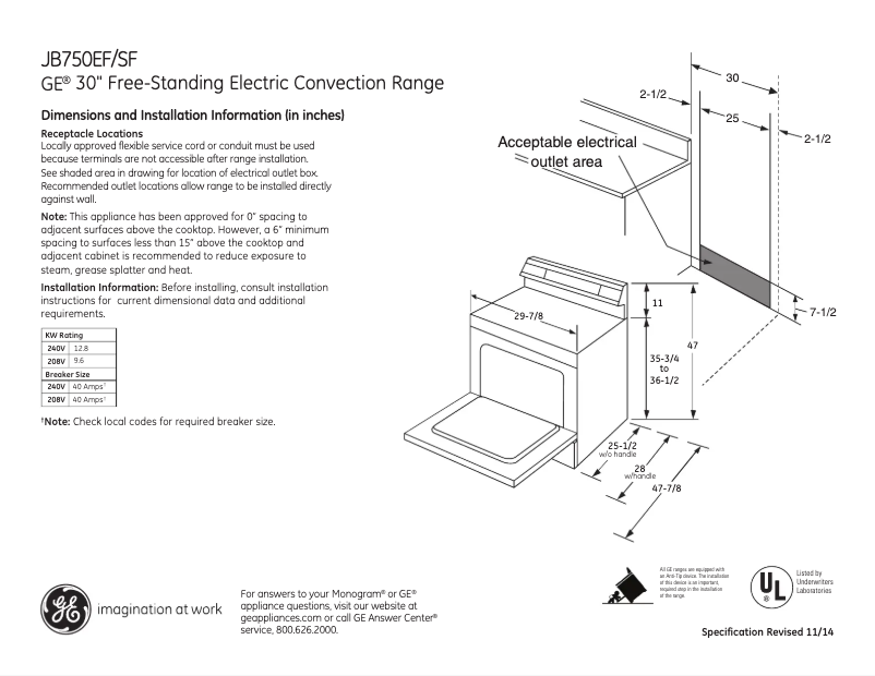 Page 1 of the manual Technical Sheet GE JB750SFSS