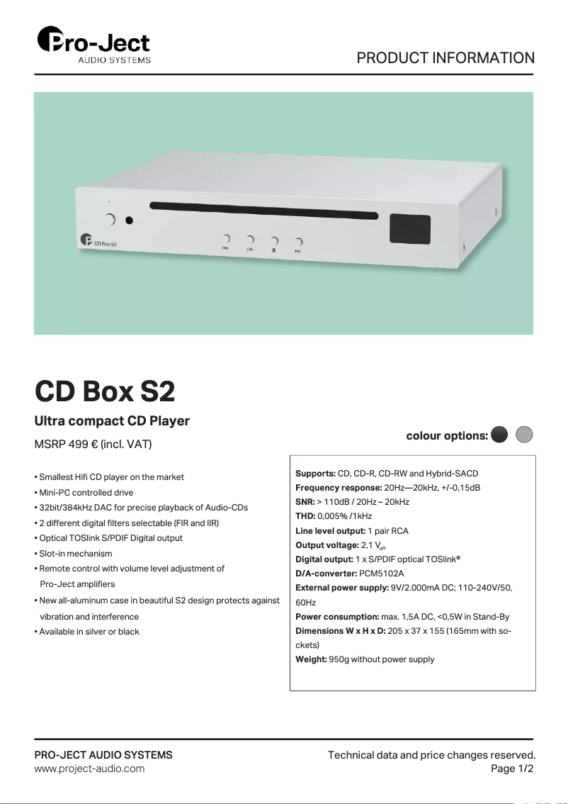 Page 1 de la notice Fiche technique Pro-Ject CD Box S2