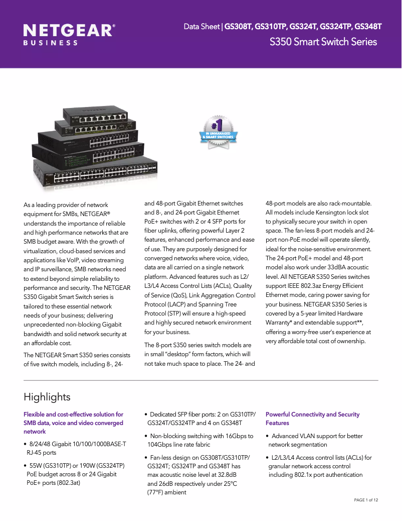 Page 1 of the manual Technical Sheet Netgear GS308T