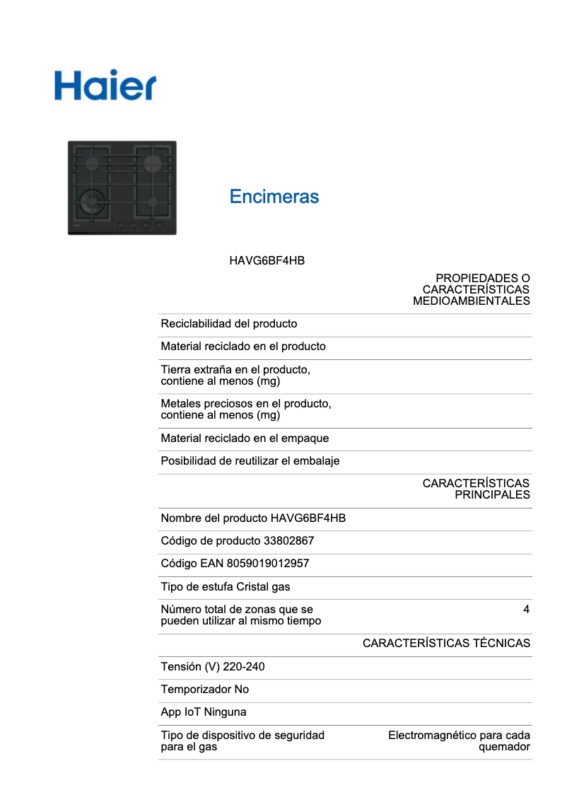 Page 1 de la notice Label énergétique Haier HAVG6BF4HB