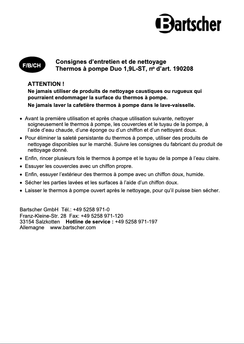 Page 1 de la notice Manuel utilisateur Bartscher 190208