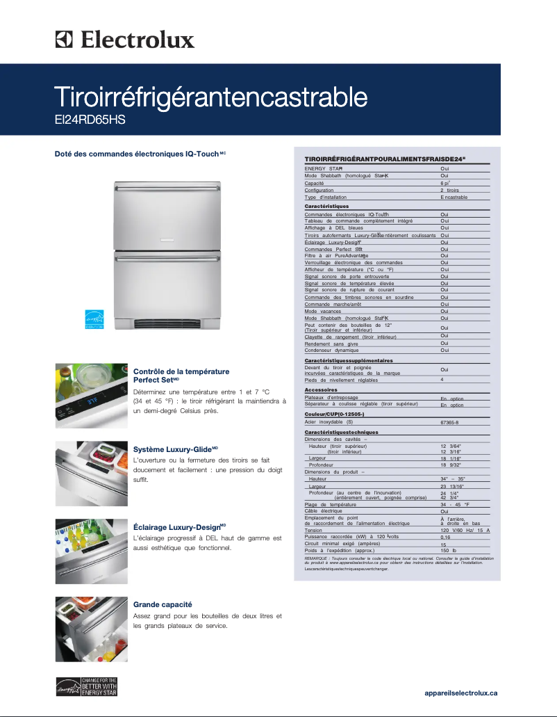 Page 1 de la notice Fiche technique Electrolux EI24RD65HS