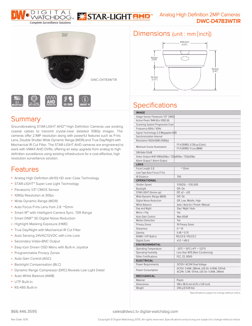 Image de la première page du manuel de l'appareil STAR-LIGHT AHD DWC-D4783WTIR