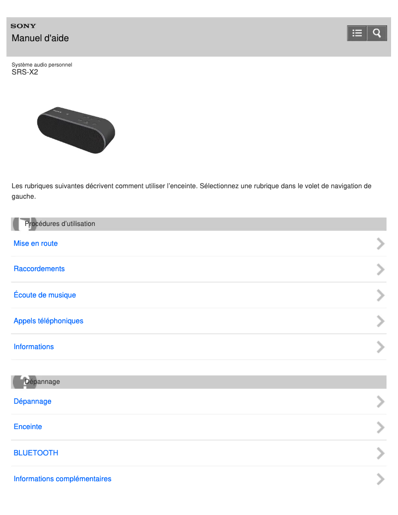 Page 1 de la notice Manuel utilisateur Sony SRS-X2