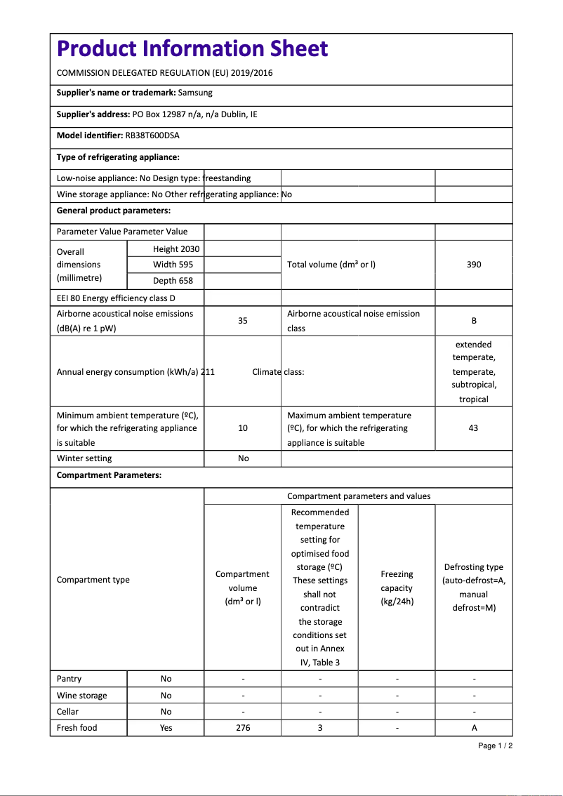 Page n°1 - Fiche technique Samsung RB38T600DSA