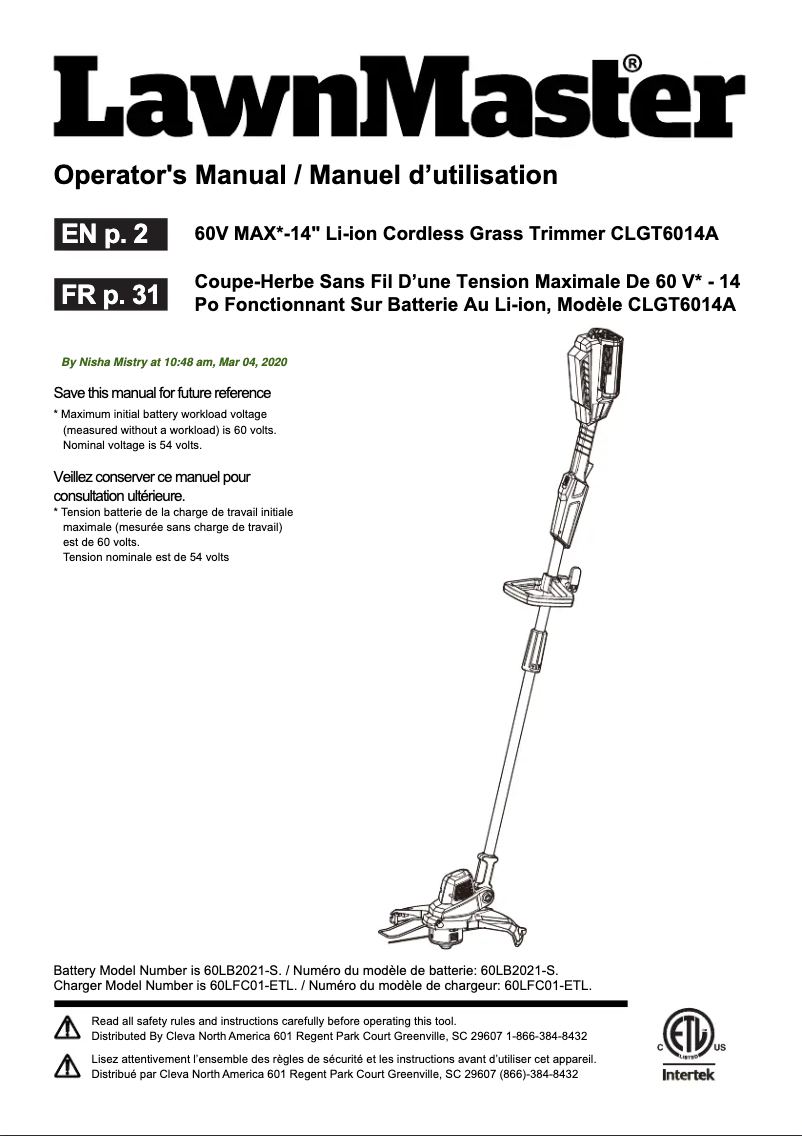 Page 1 de la notice Manuel utilisateur LawnMaster CLGT6014A