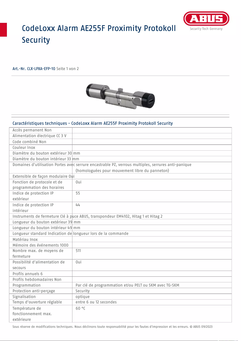 Page 1 de la notice Fiche technique Abus AE255F