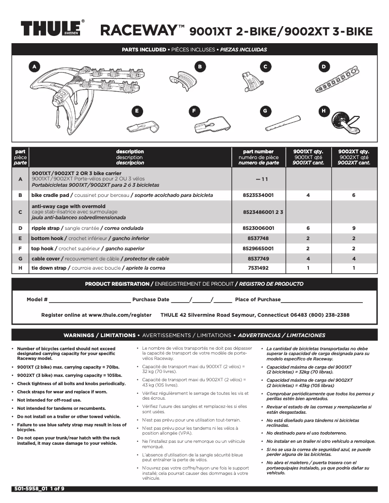 Page n°1 - Manuel utilisateur Thule Raceway 9002XT