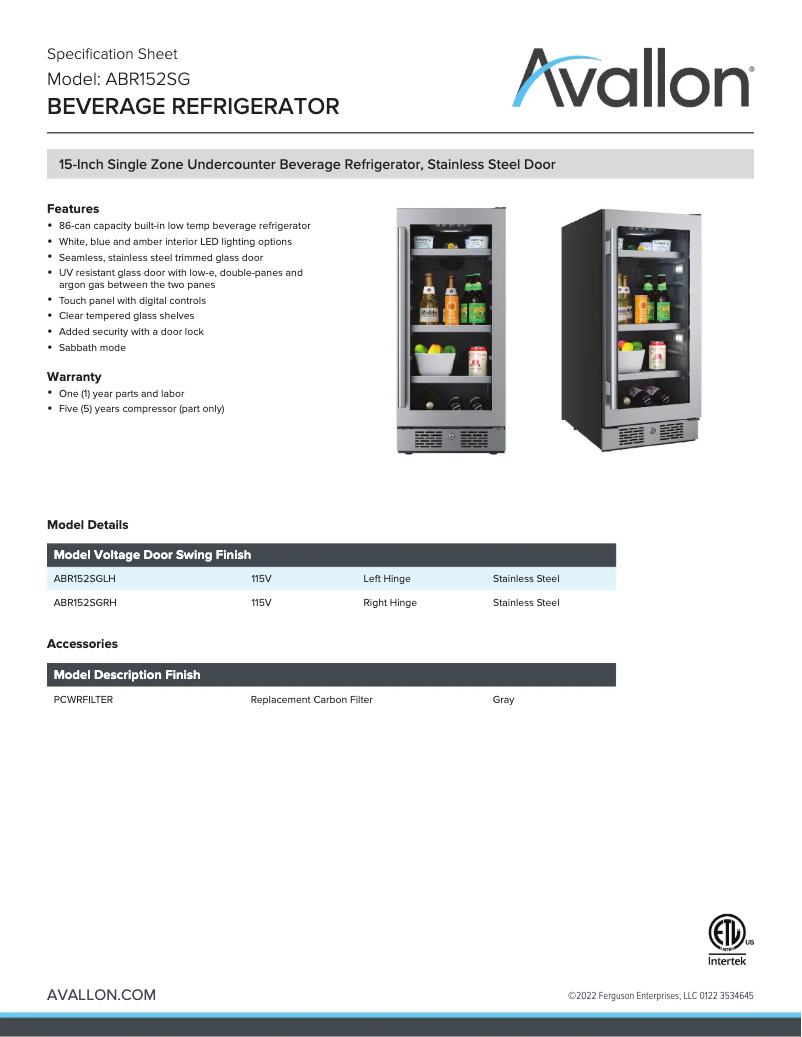 Page 1 de la notice Fiche technique Avallon ABR152SG