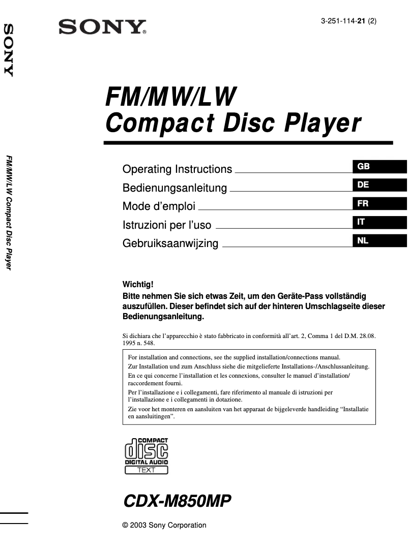Page 1 de la notice Manuel utilisateur Sony CDX-M850MP