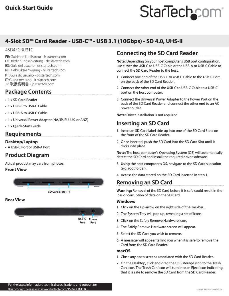 Page 1 de la notice Manuel utilisateur StarTech.com 4SD4FCRU31C