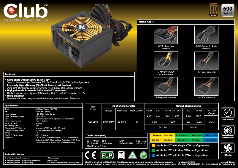 Page 1 de la notice Manuel utilisateur CLUB3D CSP-S600