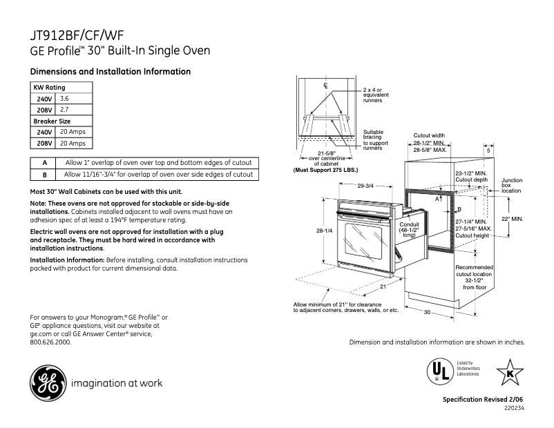 Page 1 of the manual Technical Sheet GE JT912WFWW