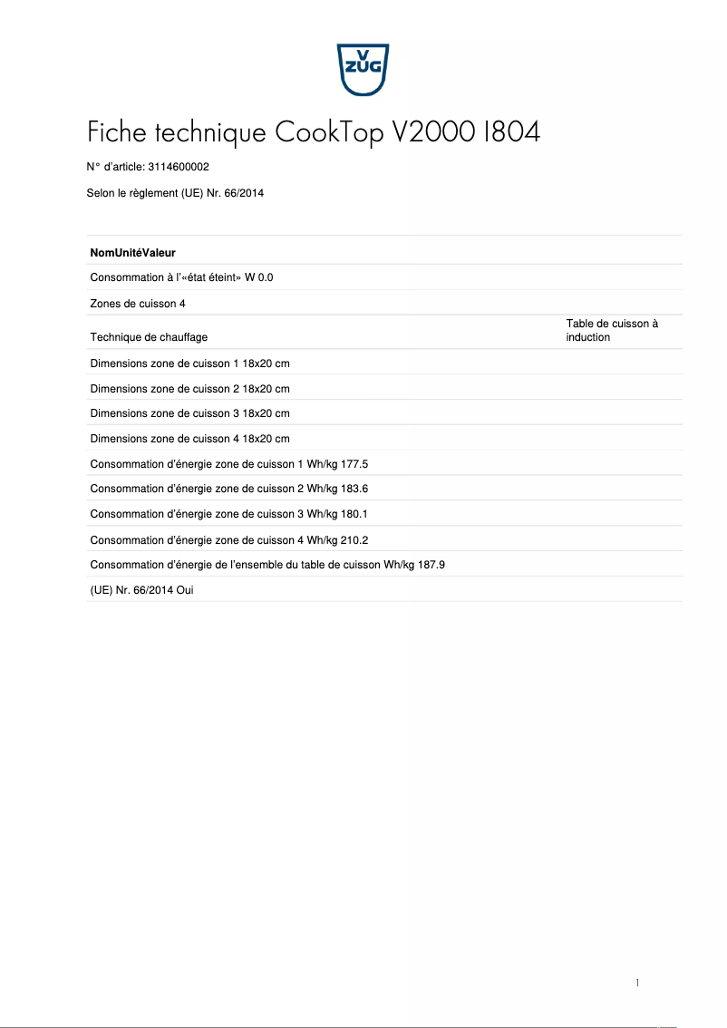 Page n°1 - Fiche technique V-Zug CookTop V2000 I804