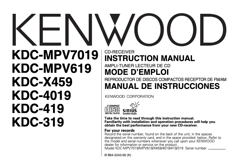 Page 1 de la notice Manuel utilisateur Kenwood KDC-MPV7019