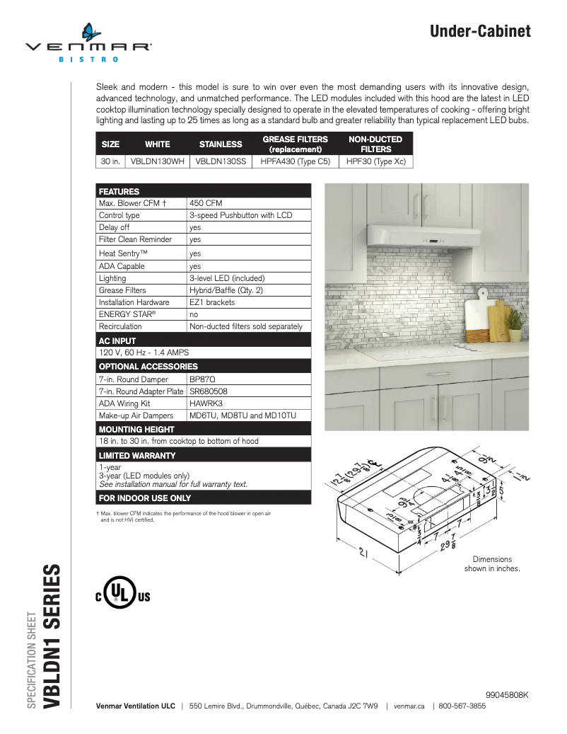 Page n°1 - Fiche technique Venmar Bistro VBLDN130SS