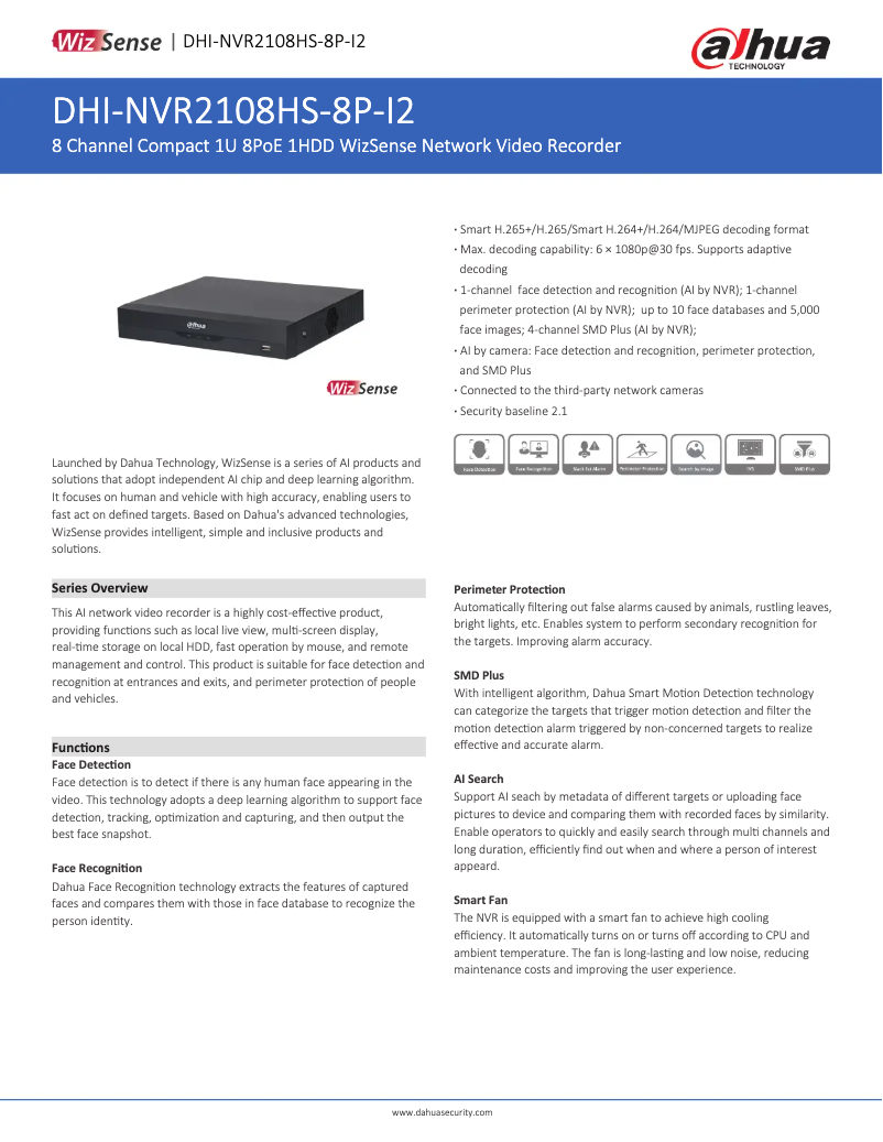 Page n°1 - Fiche technique Dahua Technology NVR2108HS-8P-I2
