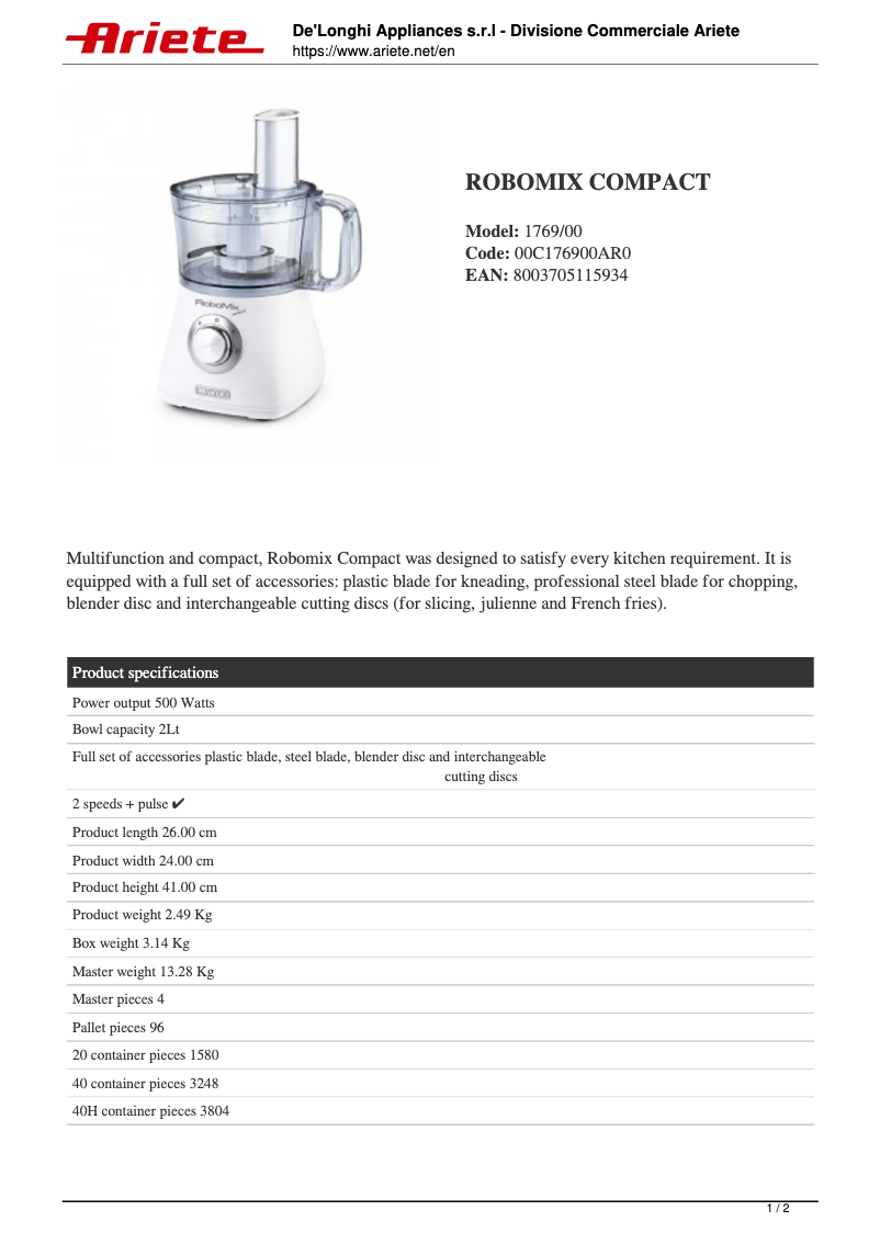Page 1 de la notice Fiche technique Ariete RoboMix Compact 1769
