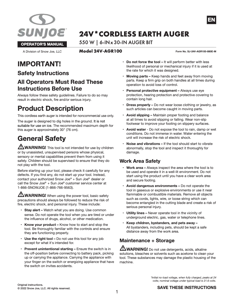 Page 1 de la notice Manuel utilisateur Sun Joe 24V-AGR100