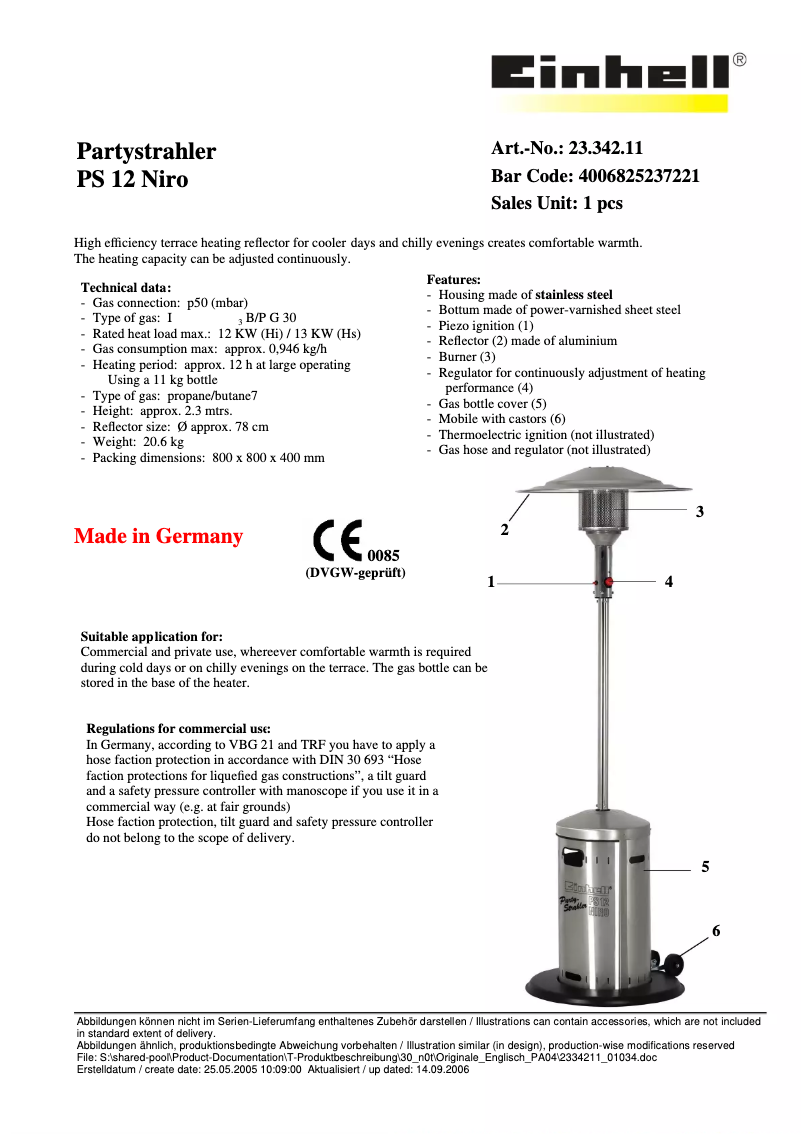 Page 1 de la notice Fiche technique Einhell PS 12 Niro
