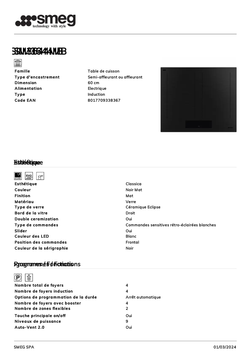 Page n°1 - Fiche technique Smeg SIM3644MB