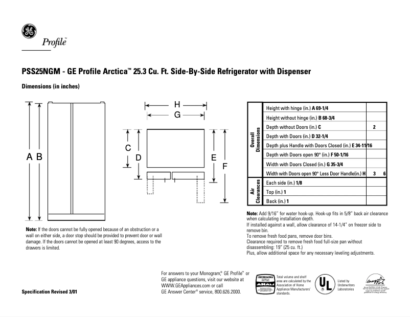 Page 1 de la notice Fiche technique GE Profile Arctica PSS25NGMAA