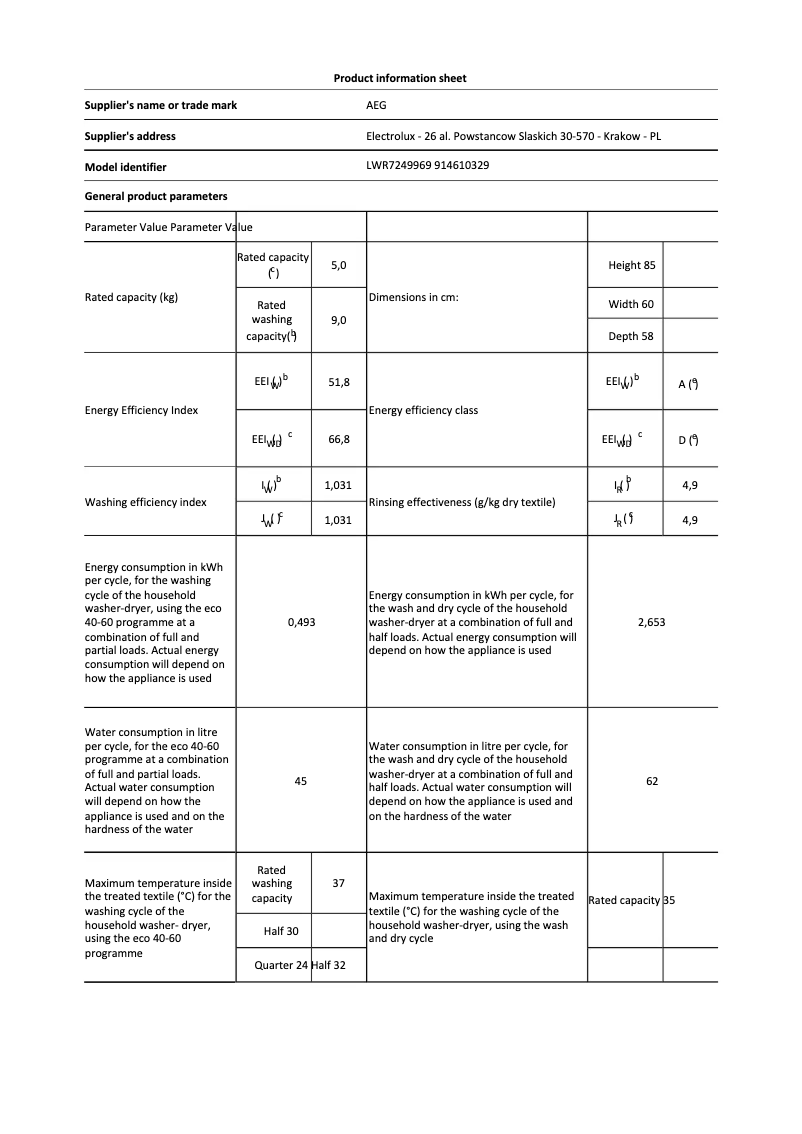 Page 1 de la notice Fiche technique AEG LWR7249969