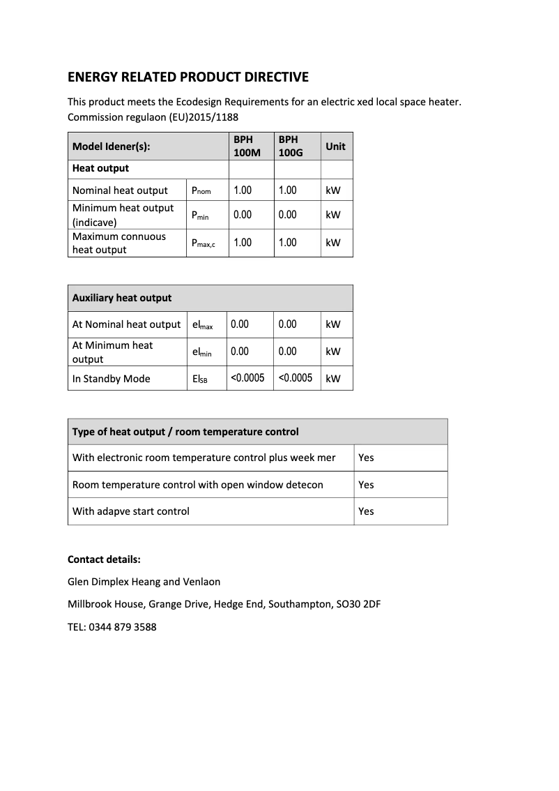 Page 1 de la notice Fiche technique Dimplex BPH100G
