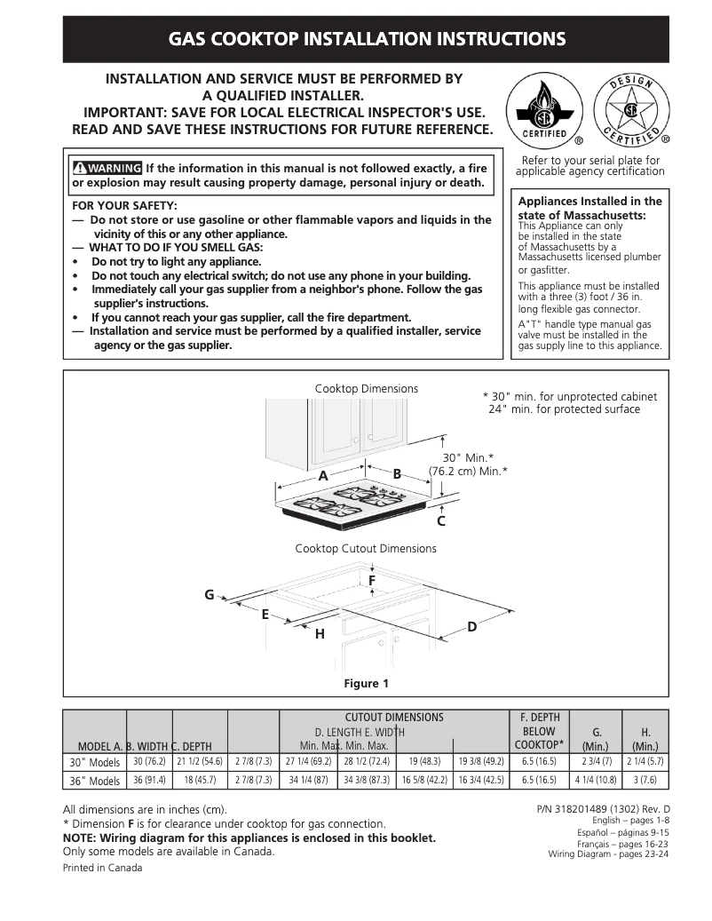 Page 1 de la notice Guide d'installation Frigidaire FFGC3015LS
