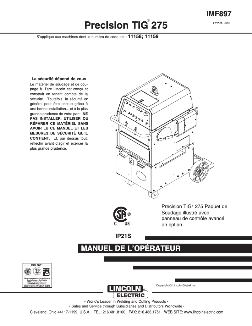Page 1 de la notice Manuel utilisateur Lincoln Electric Precision TIG 275