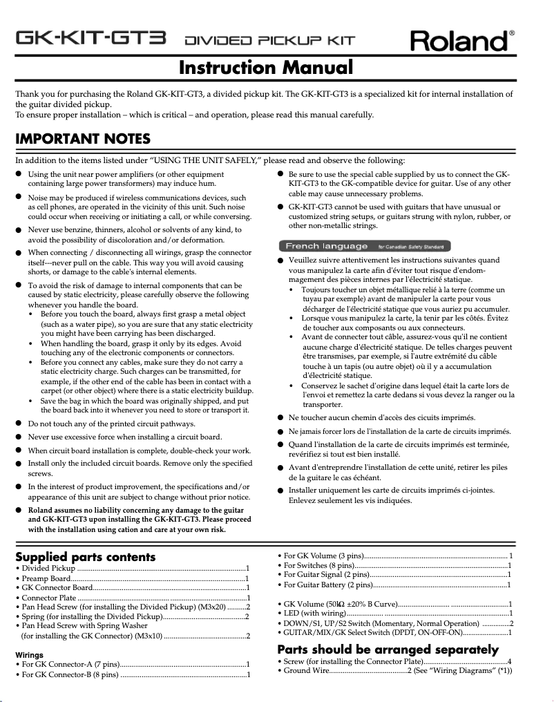 Page n°1 - Manuel utilisateur Roland GK-KIT-GT3