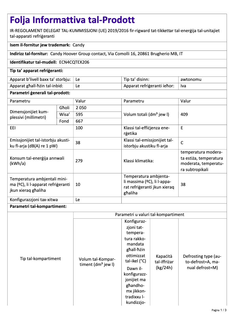 Page 1 de la notice Fiche technique Candy ECN4CQTEX206