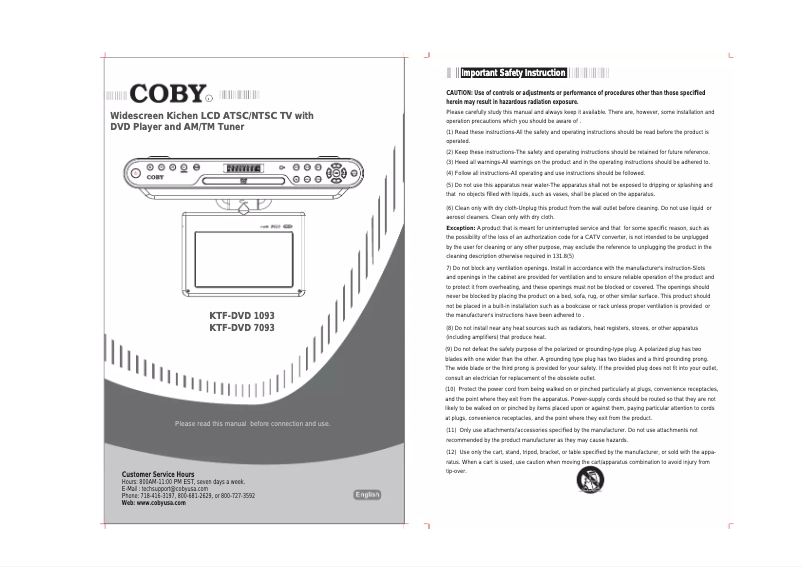 Page n°1 - Manuel utilisateur Coby KTFDVD1093