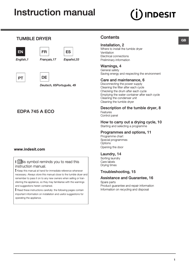 Page n°1 - Manuel utilisateur Indesit EDPA 745 A ECO (EU)
