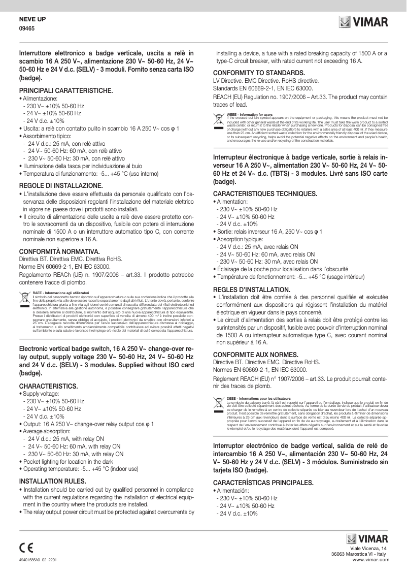 Page n°1 - Manuel utilisateur Vimar 09465.CM