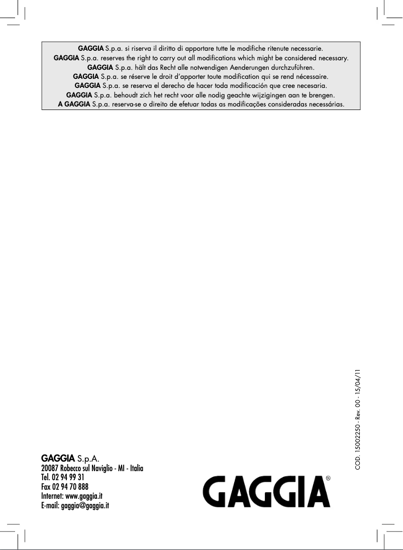 Image de la première page du manuel de l'appareil Saeco Gaggia RI9303