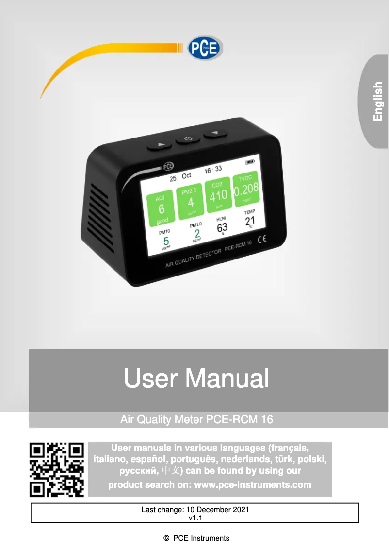 Page n°1 - Manuel utilisateur PCE Instruments PCE-RCM 16