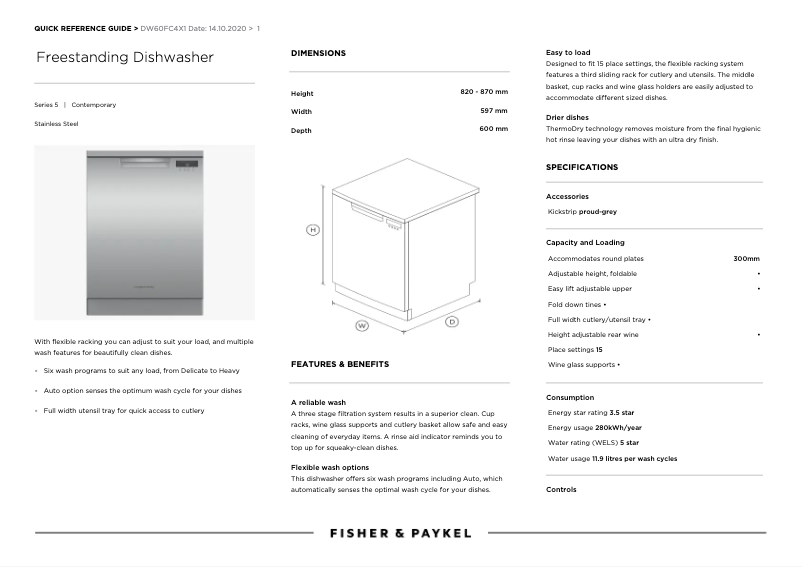 Page 1 de la notice Fiche technique Fisher & Paykel DW60FC4X1