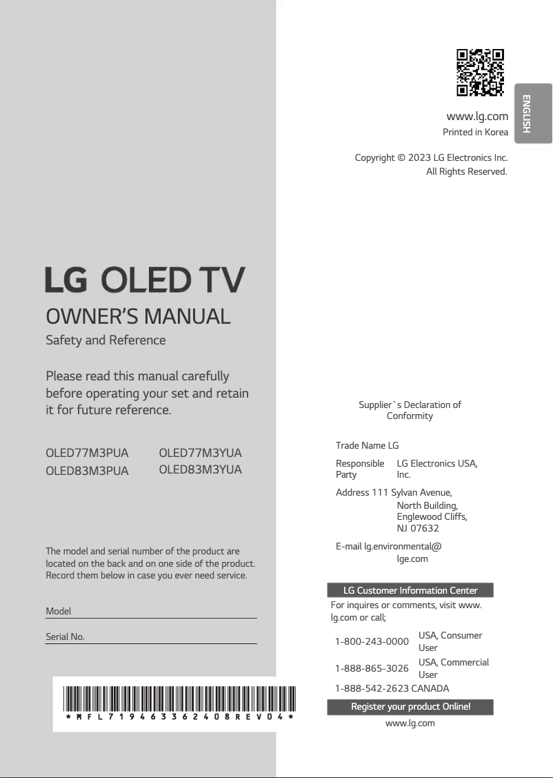 Image de la première page du manuel de l'appareil OLED77M3PUA