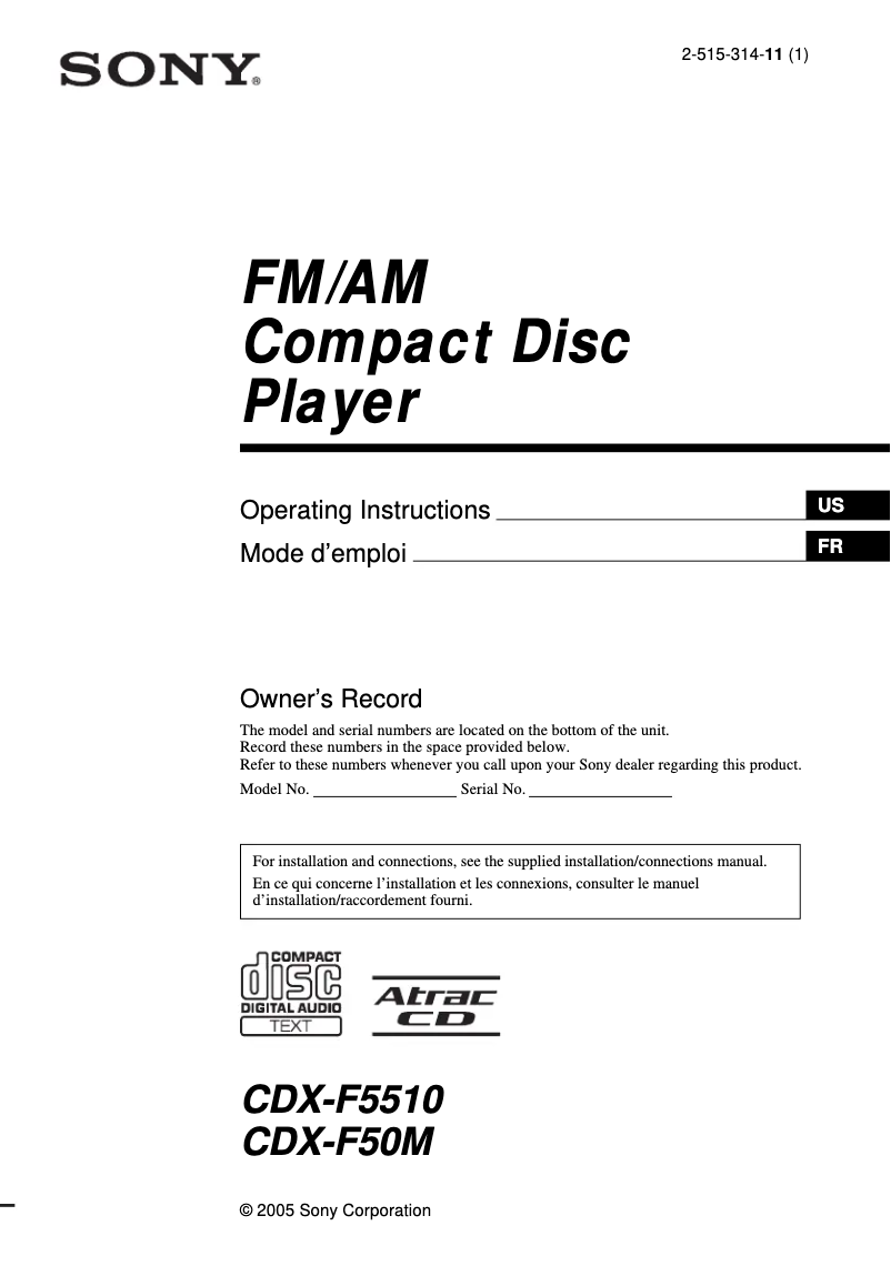 Page 1 de la notice Manuel utilisateur Sony CDX-F50M