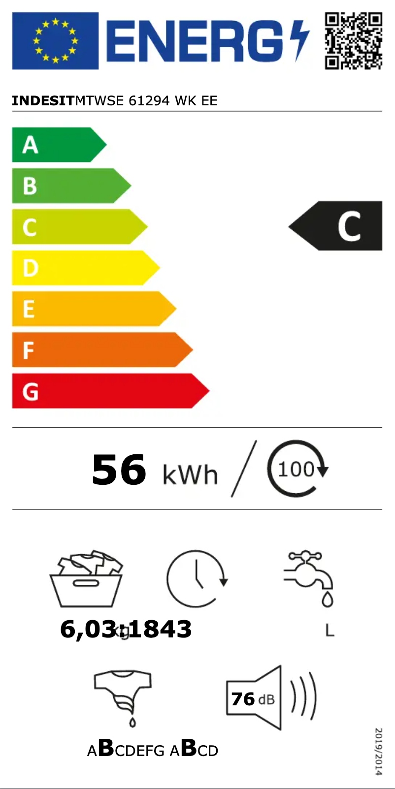 Página 1 del manual Etiqueta energética Indesit MTWSE 61294 WK EE