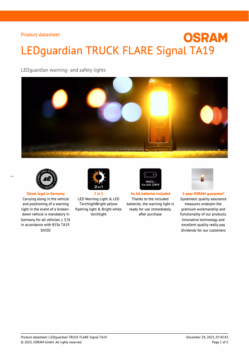 Page n°1 - Fiche technique Osram LEDguardian TRUCK FLARE Signal TA19