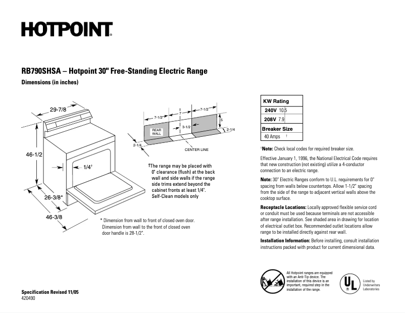Page 1 de la notice Fiche technique Hotpoint RB790SHSA