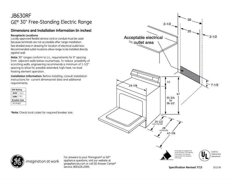 Page 1 de la notice Fiche technique GE JB630RFSS