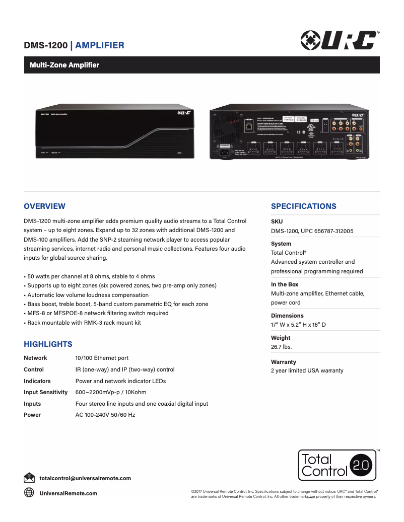 Page 1 de la notice Fiche technique Universal Remote Control DMS-1200
