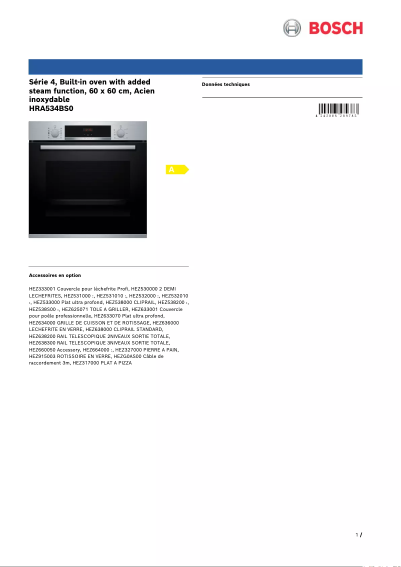 Page 1 de la notice Fiche technique Bosch HRA534BS0